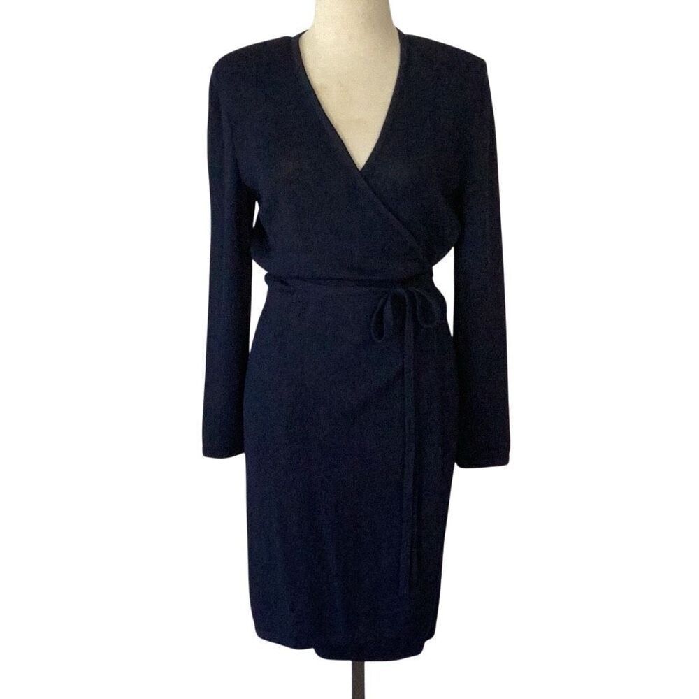 St. John SJK Knit Navy Blue Wrap Dress Vintage Women’s 12